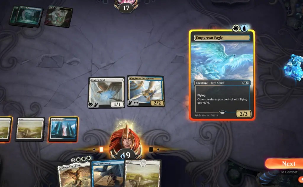 Casting Empyrean Eagle in your first Main Phase allows you creatures to deal more damage in combat. 