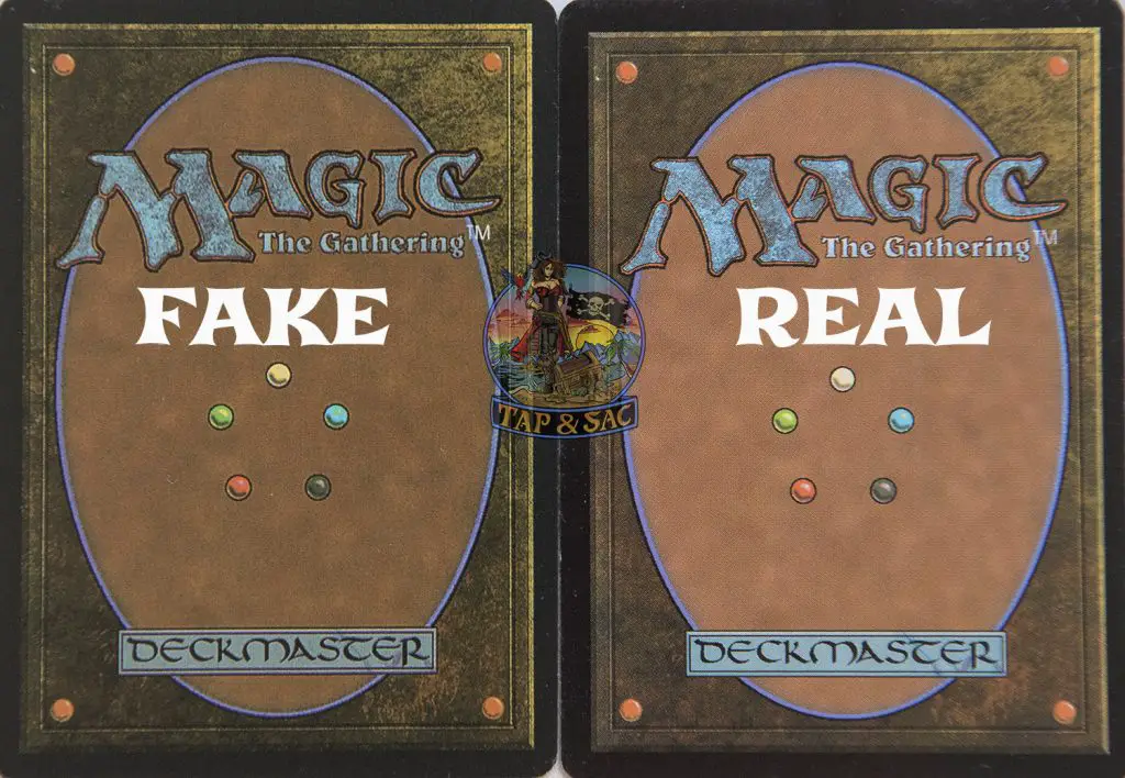 comparing the backs of fake and real MTG cards