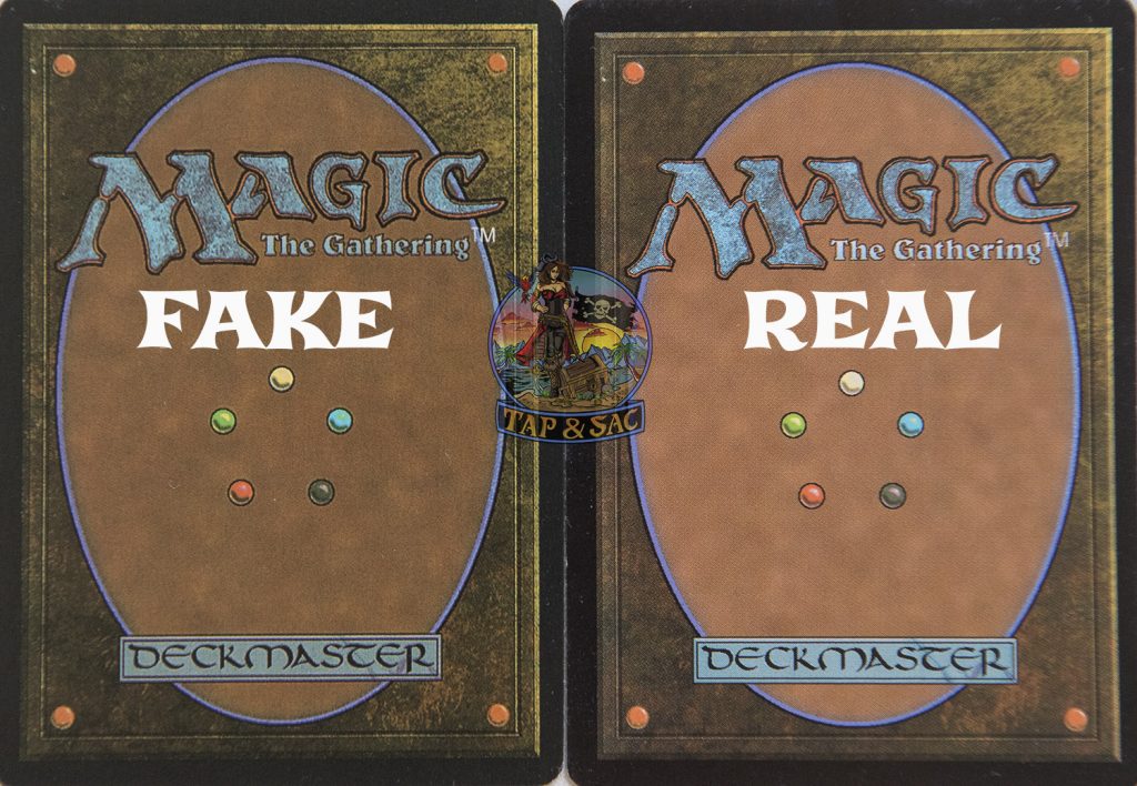 comparing the backs of fake and real MTG cards