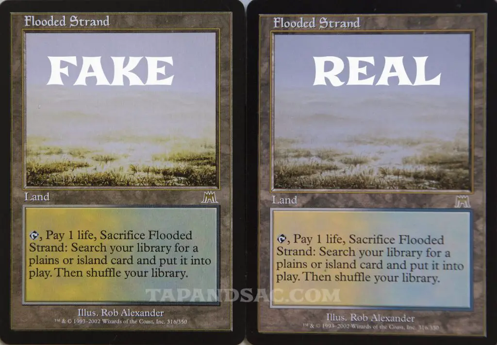 The fake card on the left has more vibrant colours than what is should be on an old MTG card.