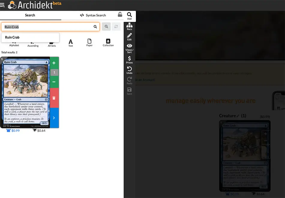 Archidekt uses a pullout menu unlike any other MTG deck builder website