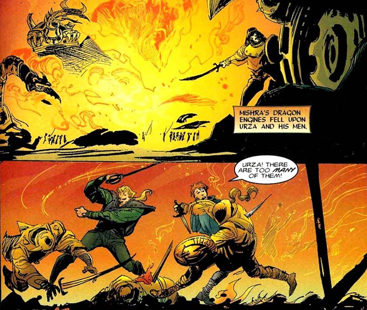 Urza and Tawnos fight against Dragon Engines in the Urza-Mishra War comic