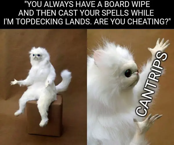 You always have a board wipe and then cast more spells, while I'm topdecking lands. Are you cheating?
