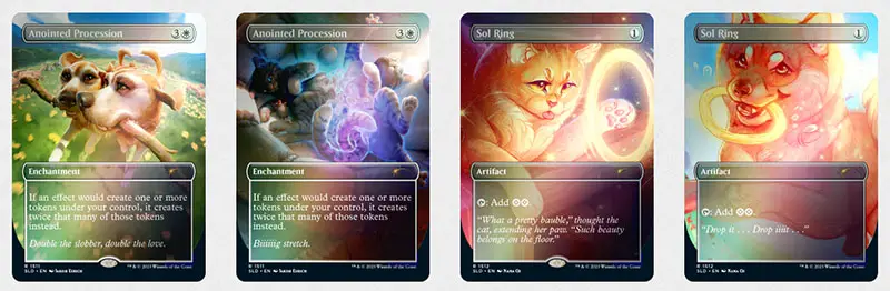 The Raining Cats and Dogs Secret Lair boasts double sided foil cards for key reprints like Anointed Procession and Sol Ring.