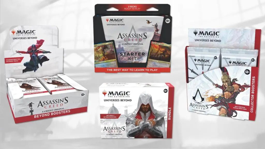 Product boxes for MTG Assassin's Creed crossover