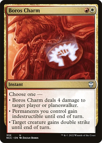 Boros Charm is a nice upgrade option in Blame Game MTG Murders at Karlov Manor Commander Deck
