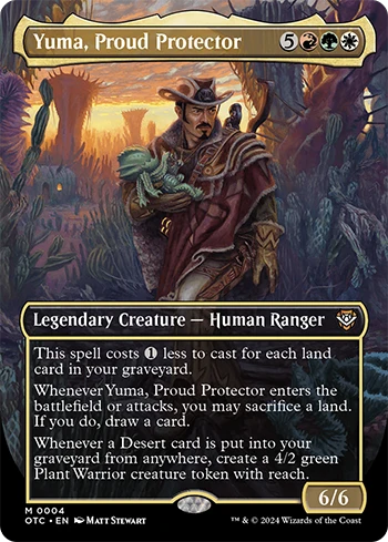 Review of Desert Bloom precon Commander deck, featuring Yuma, Proud Protector from Outlaws of Thunder Junction.