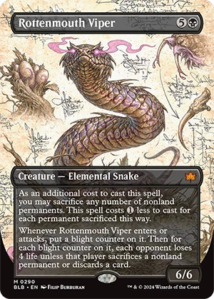 Exclusive mtg preview card Rottenmouth Viper from Bloomburrow. Borderless art variant.