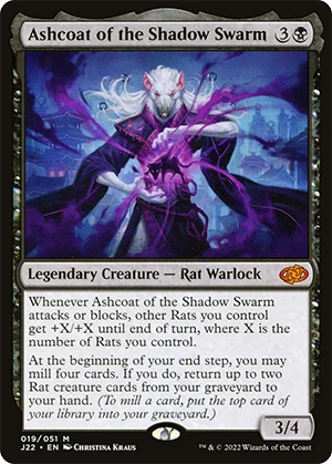 Ashcoat of the Shadow Swarm is a very strong rat commander in MTG and a viable backup to Vren the Relentless